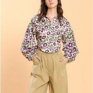 THE KORNER STRAIGHT PRINTED COTTON FLORAL PRINT BALLOON SLEEVE SHIRT